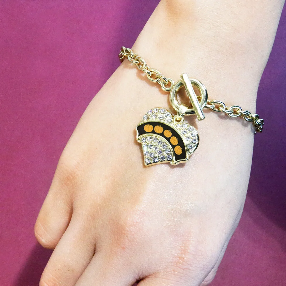Gold Pumpkins Pave Heart Charm Toggle Bracelet
