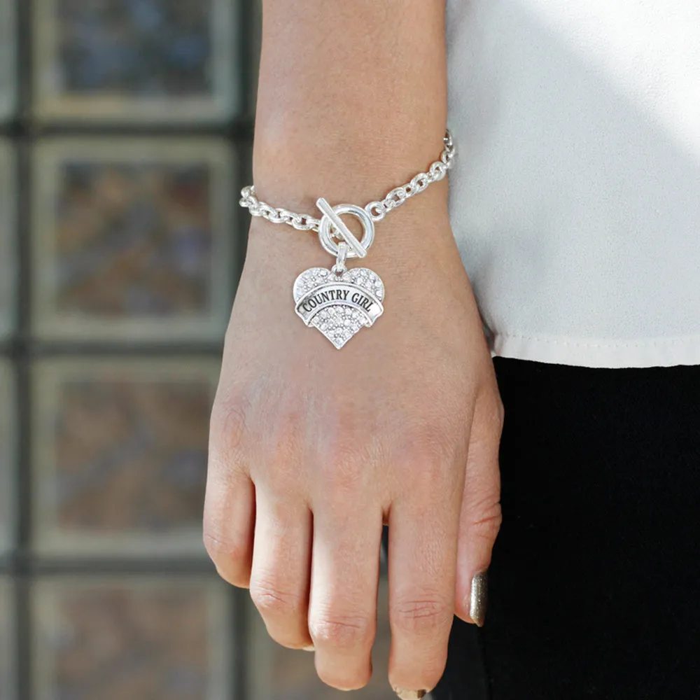 Silver Country Girl Pave Heart Charm Toggle Bracelet