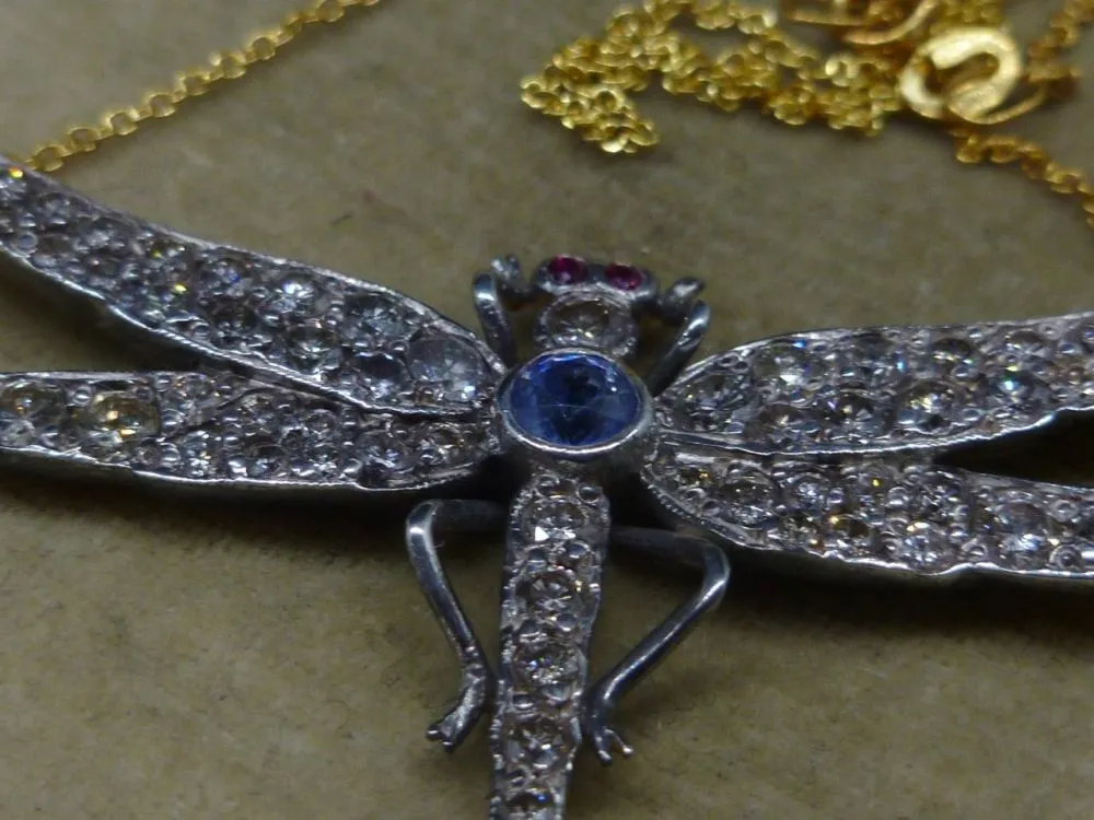 Spectacular 2.50Ct Old Cut Diamond Sapphire & Ruby Dragonfly Pendant Necklace